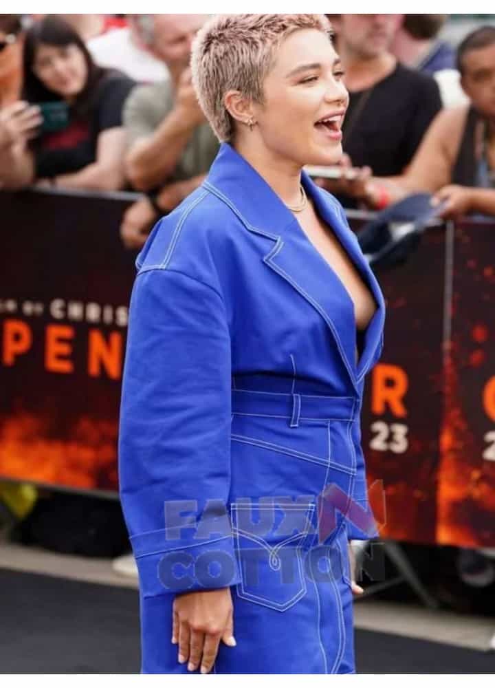 Oppenheimer 2023 Movie Event Florence Pugh Blue Coat