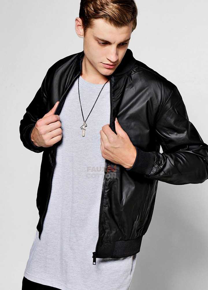 Black Rubberised Faux Leather Bomber Jacket