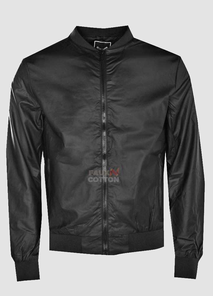 Black Rubberised Faux Leather Bomber Jacket