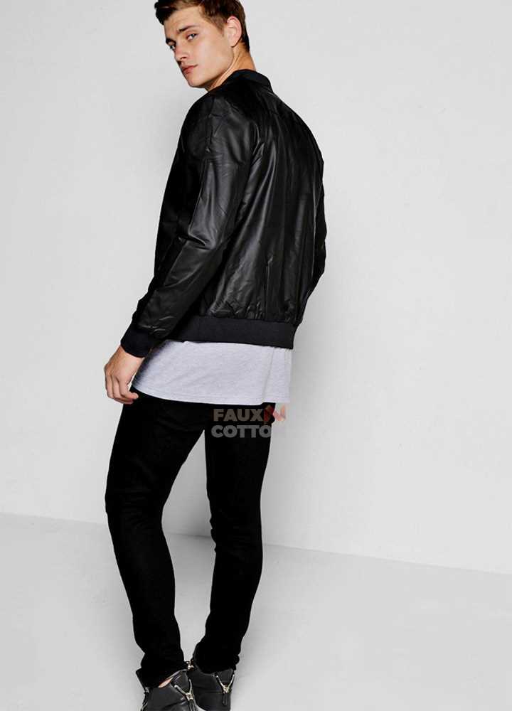 Black Rubberised Faux Leather Bomber Jacket
