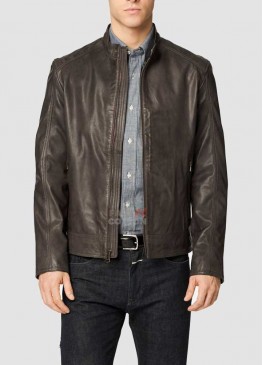 Mens Brown Washed Leather Moto Jacket