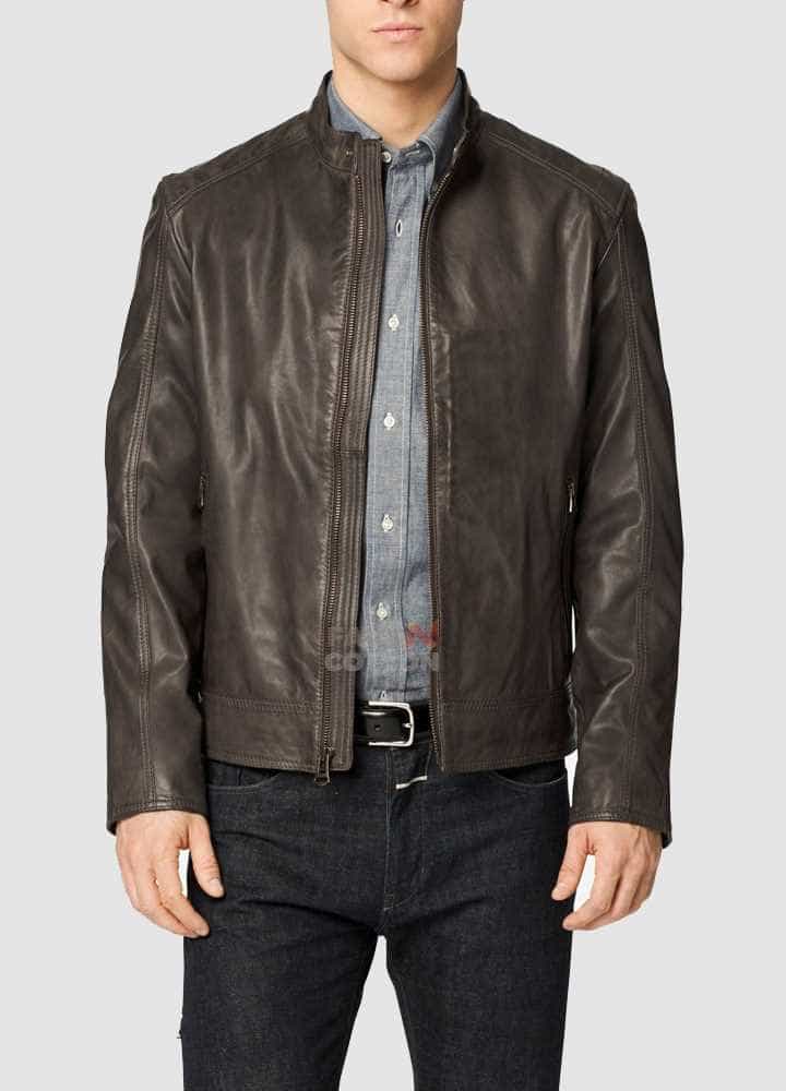 Mens Brown Washed Leather Moto Jacket