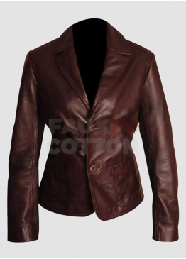 Women Dark Brown Slim Fit Leather Blazer