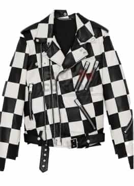 Men’s Biker Asymmetrical Zipper Checkerboard Leather Jacket