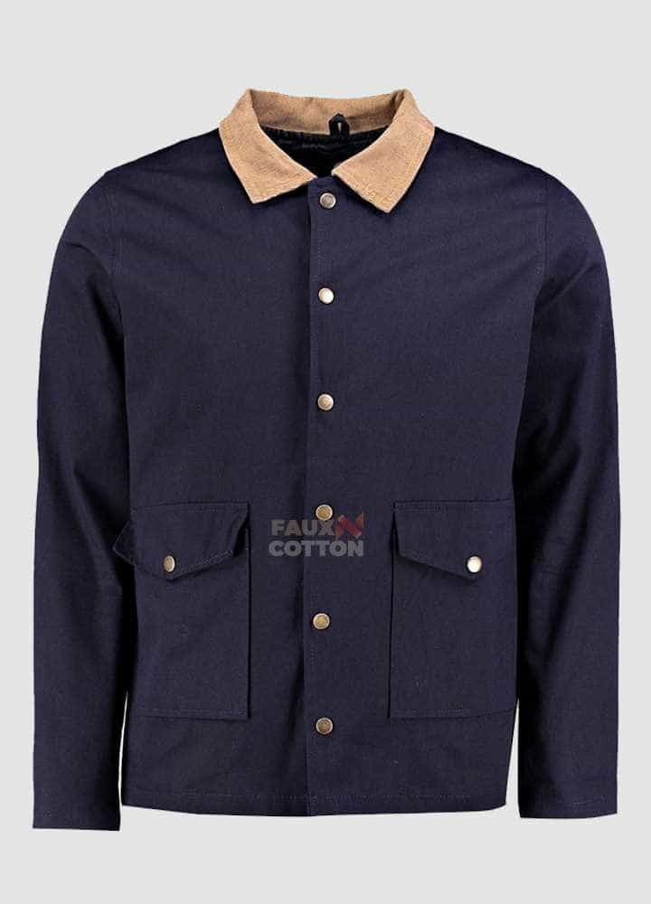 Navy Button Through Trucker Jacket With Cord Collar