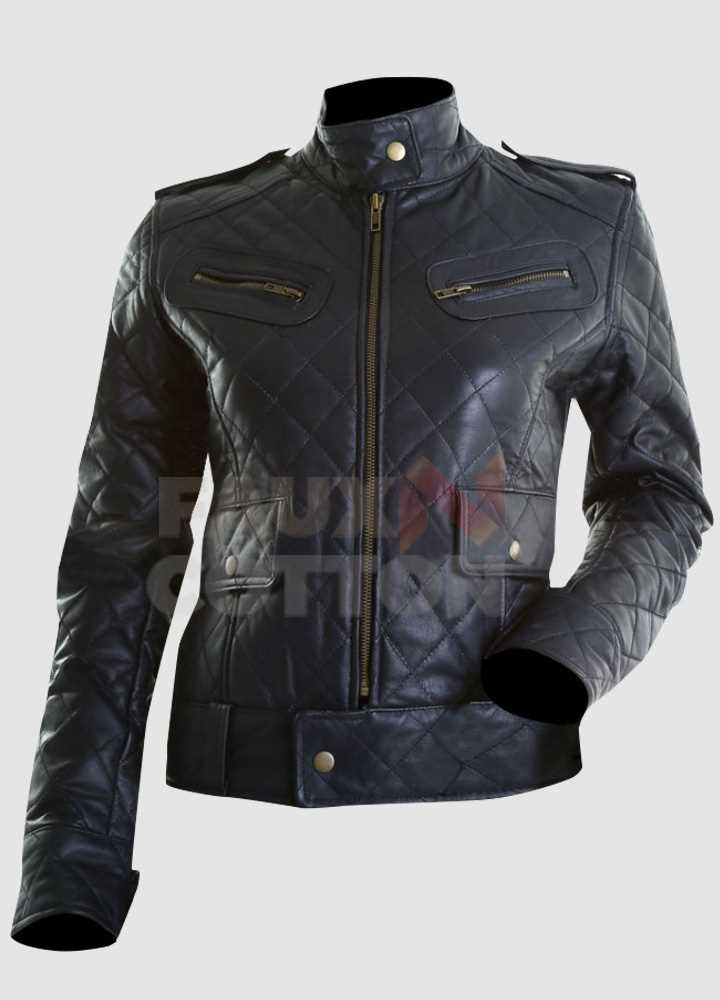 Women's Black Quilted Bomber Leather Motorcycle Jacket