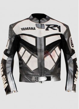 Yamaha R1 Motorcycle Racing Grey Real Biker Jacket