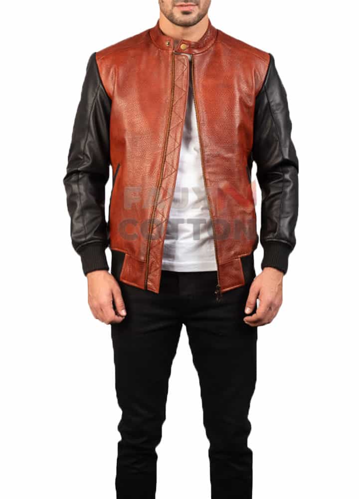 Men's Avan Black And Maroon Color Leather Bomber Jacket