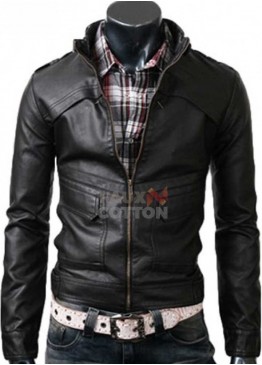 Slim Fit Strap Black Cowhide Leather Jacket