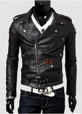 Slim Fit Belted Rider Black Leather Jacket