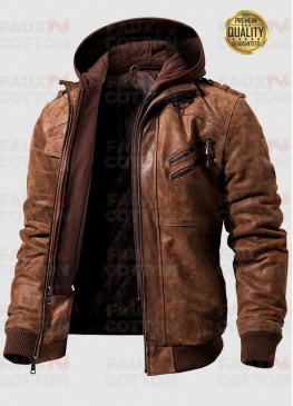 M2016-95 Flavor Men's Brown Leather Bomber Moto Jacket with Removable Hood 